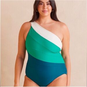 One-Shoulder Colorblock Women’s Swimsuit in Teal & Green